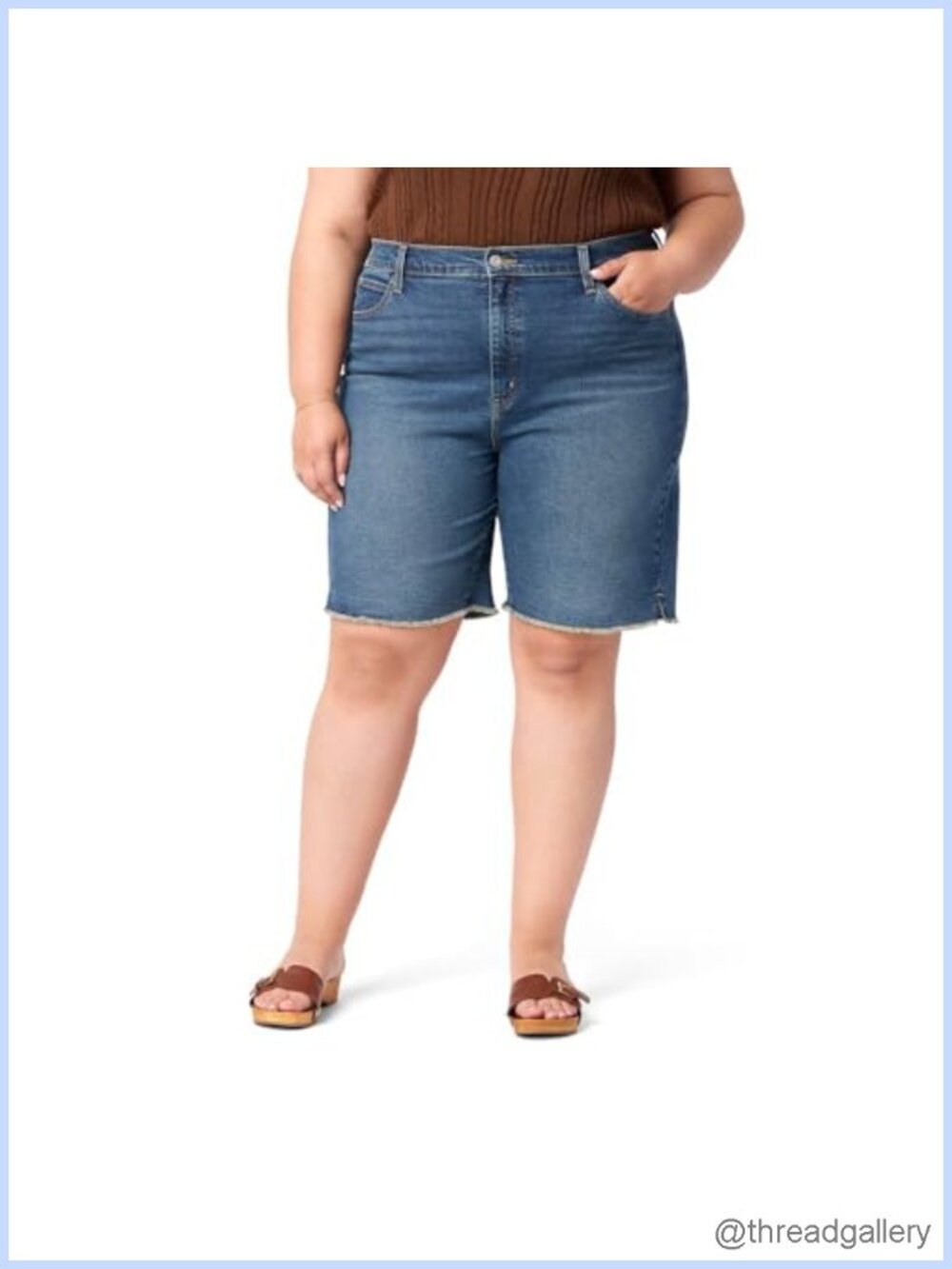 High Rise 9" Inseam Bermuda Denim Shorts Dark Wash Cotton Blend